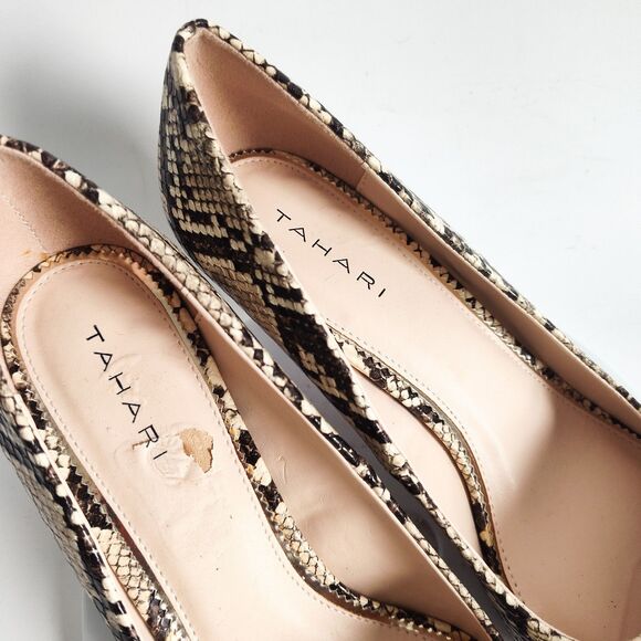 Tahari Kitten Heels Size 10 Snakeskin Tan Brown Pointed Toe Faux Leather Vegan - Picture 9 of 12